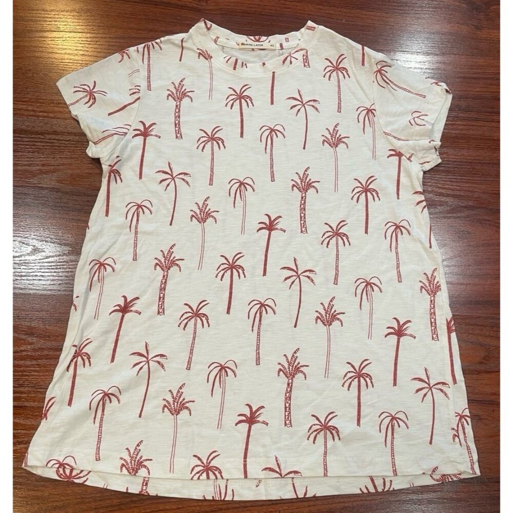 MARINE LAYER SWING CREW TEE WHITE PALM PRINT SZ XS